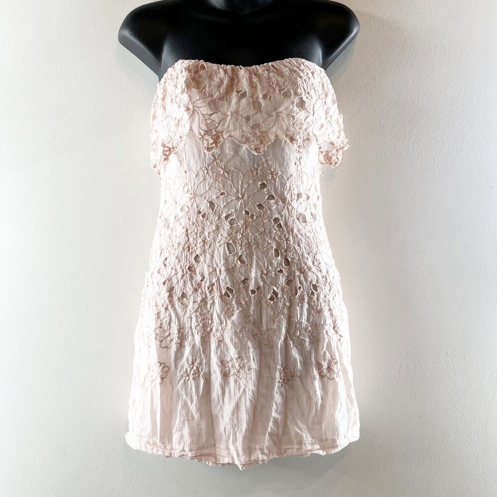 Free People Lace Strapless Ruffle Mini Dress Blush Pink 4